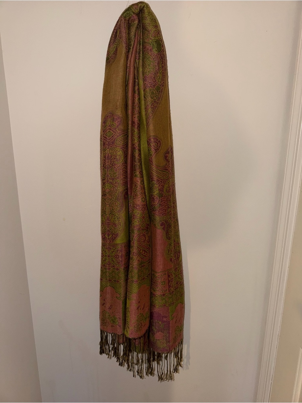 Source Unknown Olive Green & Dusty Rose Paisley Fringe Scarf